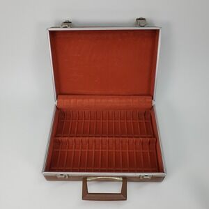 Vintage Brown Faux Leather Cassette Tape Carrying Case 30 Slot Orange Interior